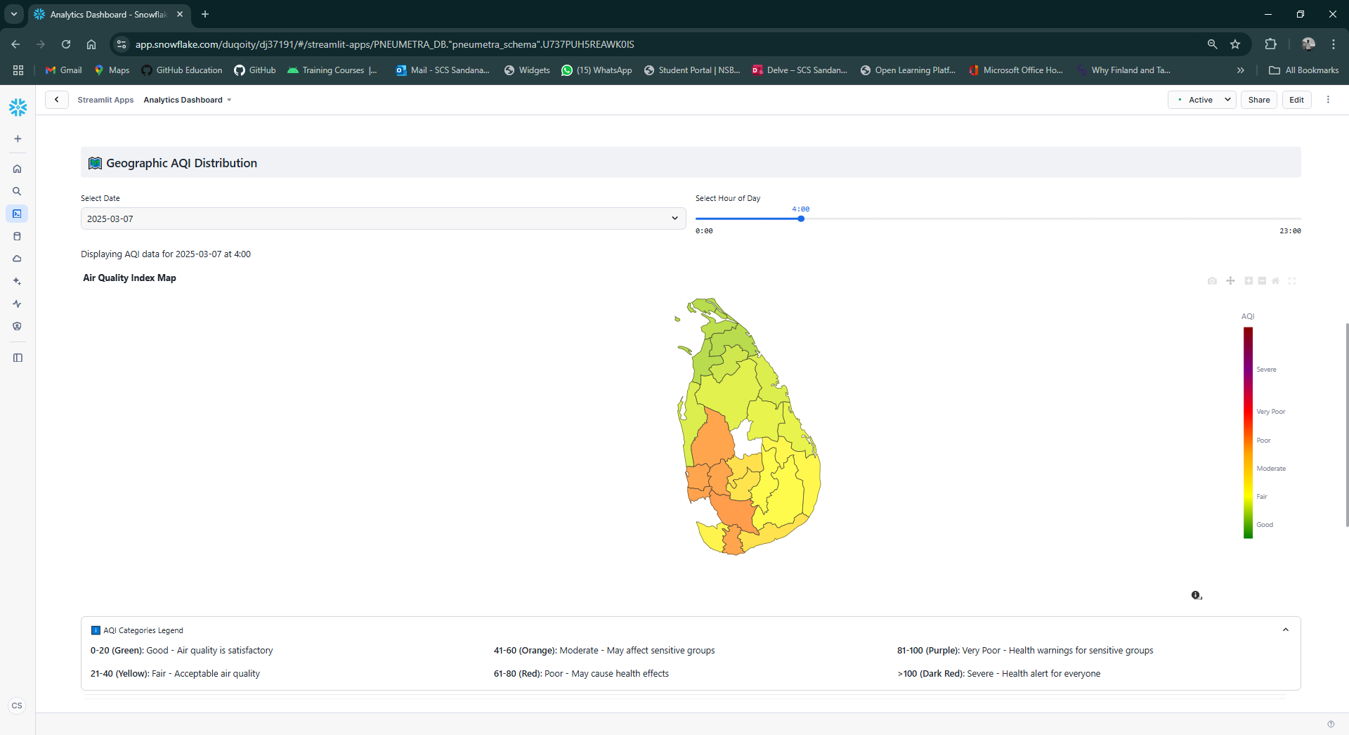 Interactive AQI heatmap visualizing regional air quality indices across Sri Lanka