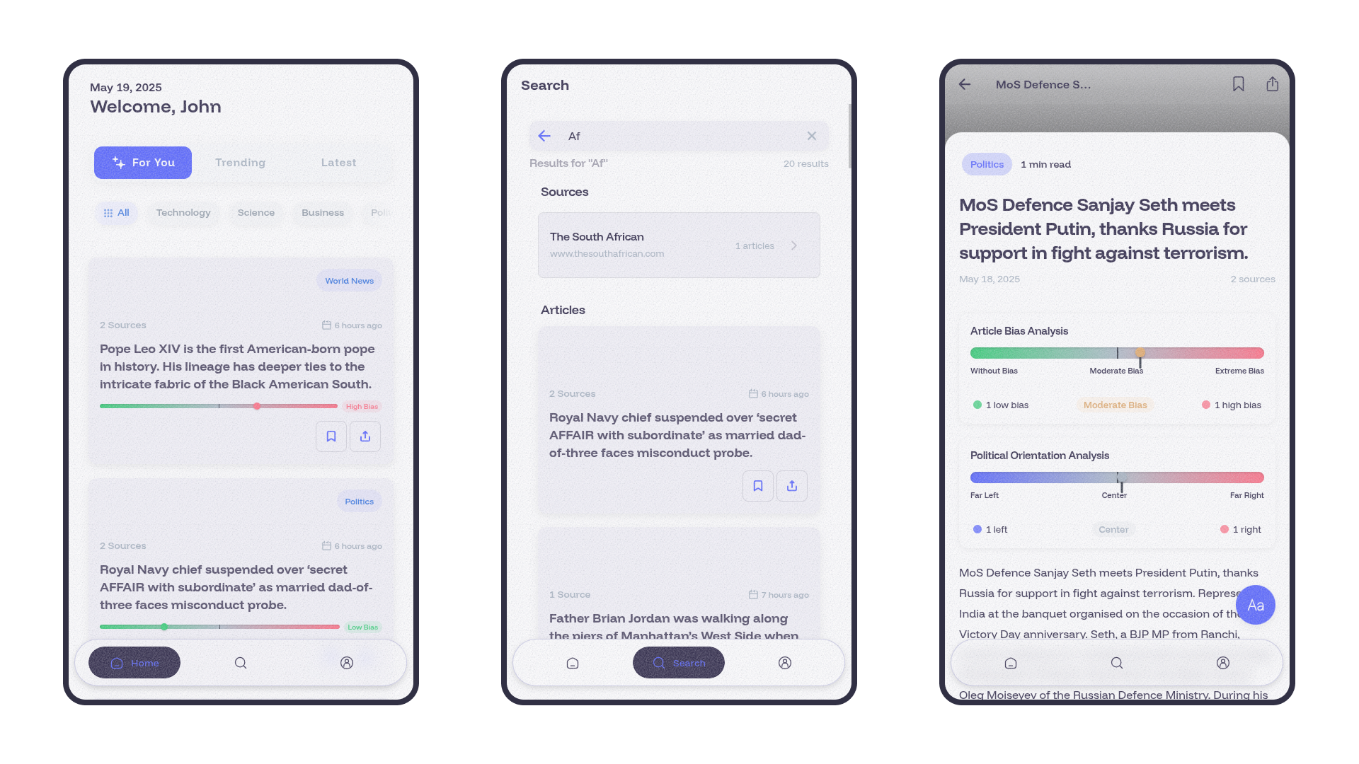 Previews of the mobile application
