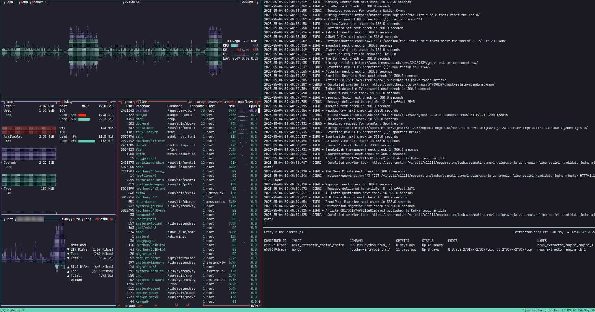 News Collection Engine dashboard showing article scraping and streaming