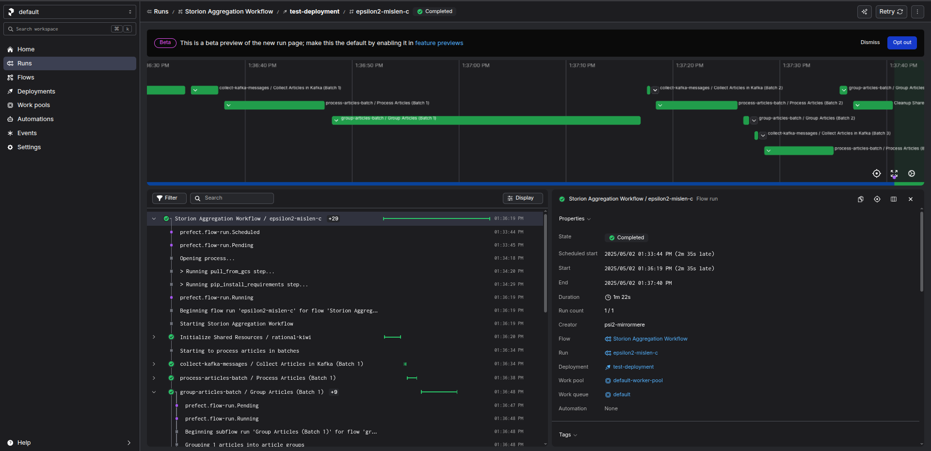 Prefect dashboard displaying workflow orchestration